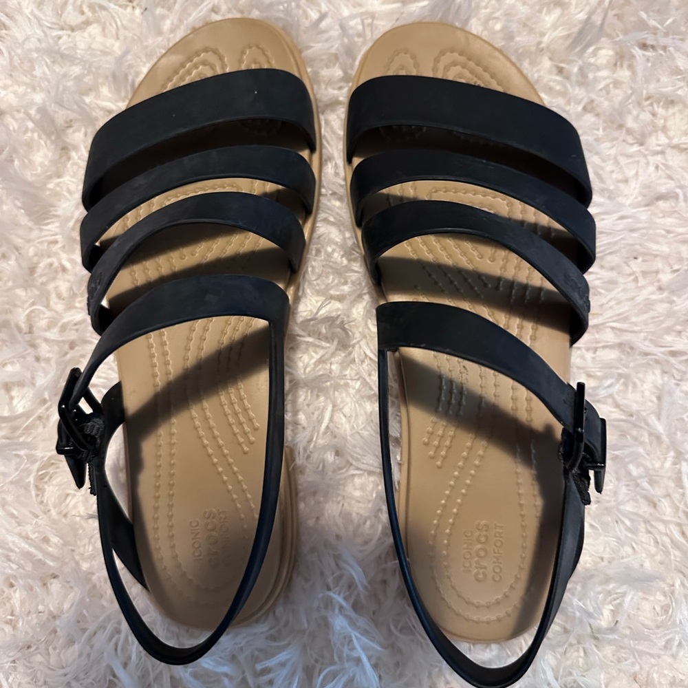 CROCS Black and Tan Sandals with Adjustable Straps